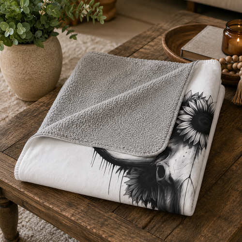 Cow Skull with Sunflowers Blanket | Boho Southwestern Skull Art Throw