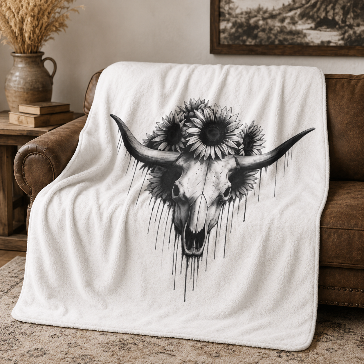 Cow Skull with Sunflowers Blanket | Boho Southwestern Skull Art Throw