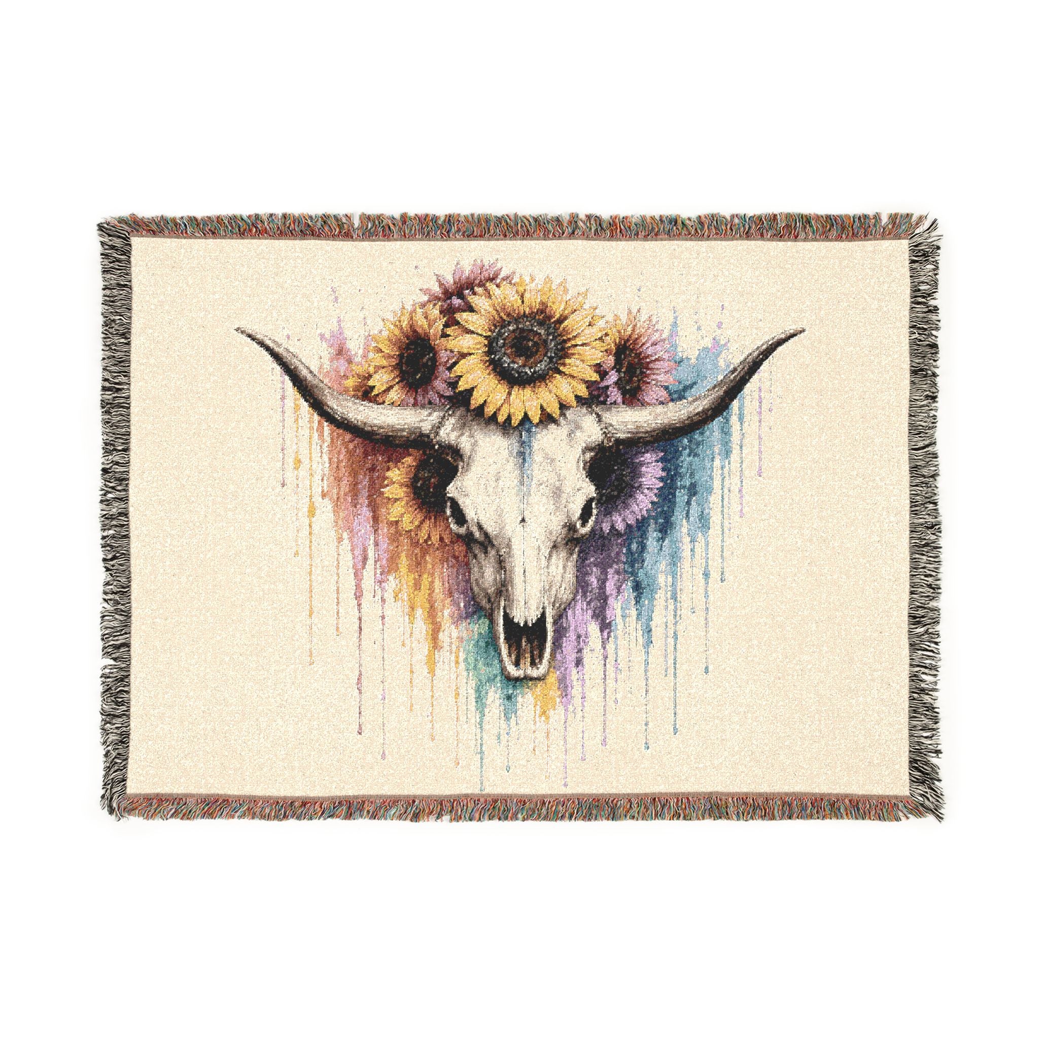 Sunflower Cow Skull Woven Blanket | Southwestern Skull Tapestry Throw