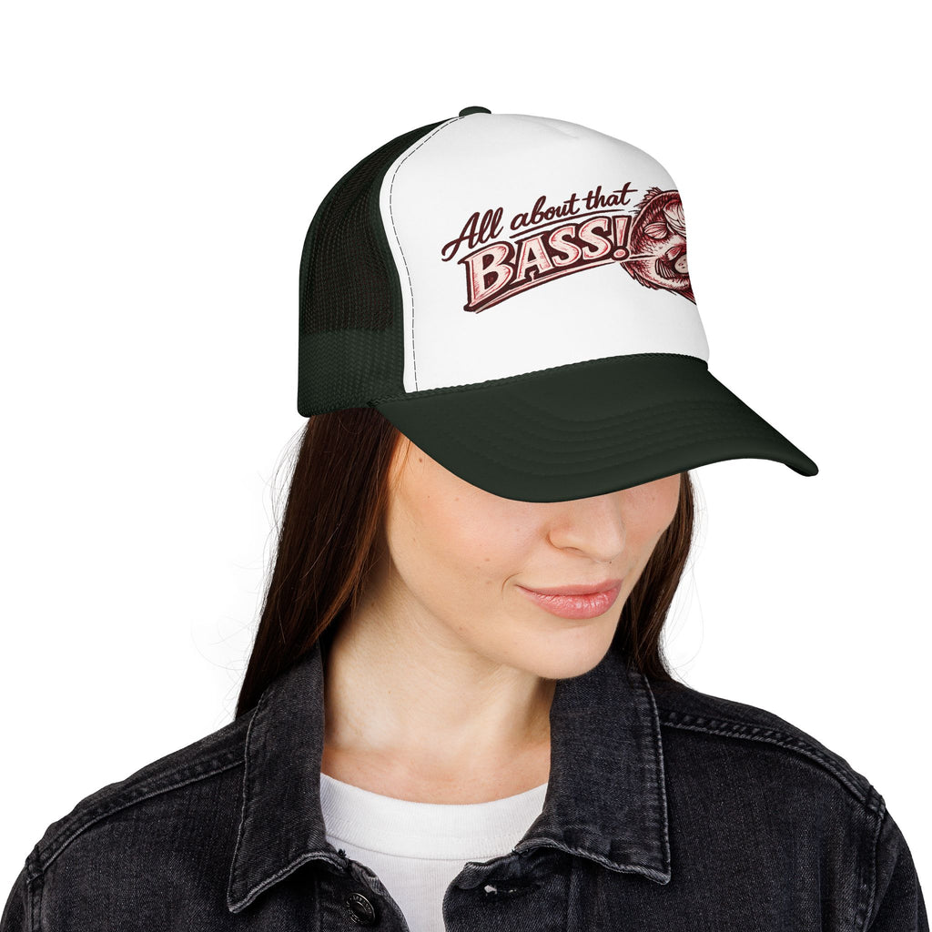 All About That Bass fishing graphic Foam Trucker Hat | Bass Fish Cap