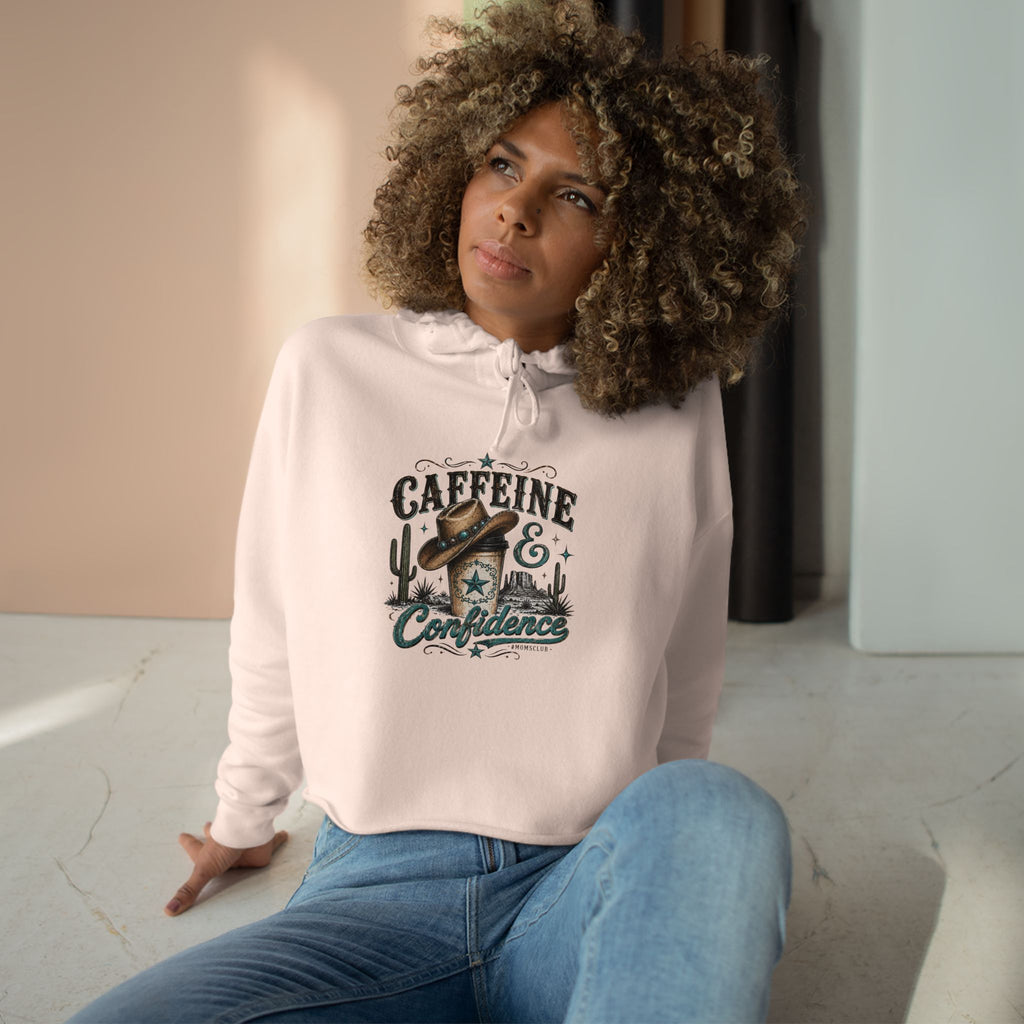 Caffeine & Confidence Crop Hoodie — Retro Coffee Desert Graphic