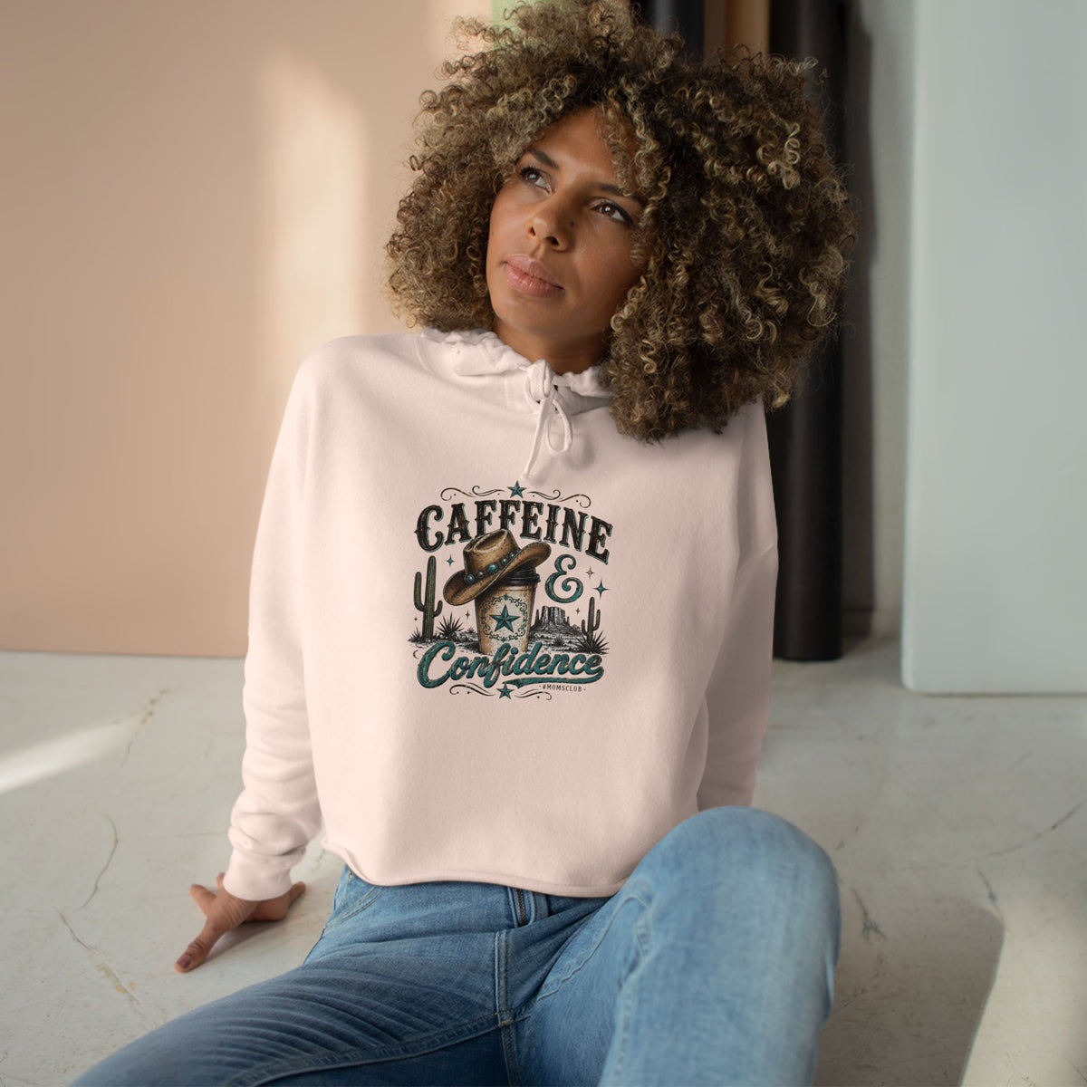 Caffeine & Confidence Crop Hoodie — Retro Coffee Desert Graphic