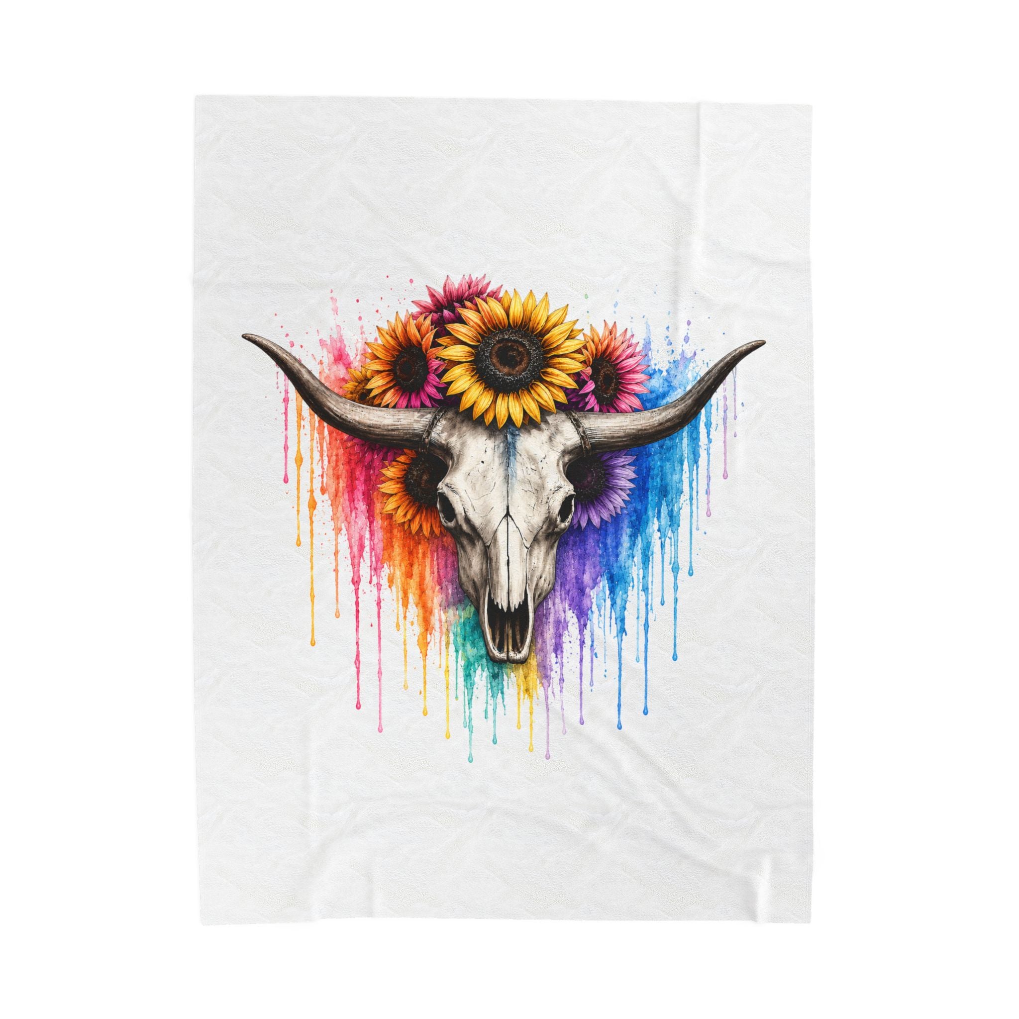 Sunflower Bull Skull Velveteen Blanket | Colorful Drip Watercolor Skull