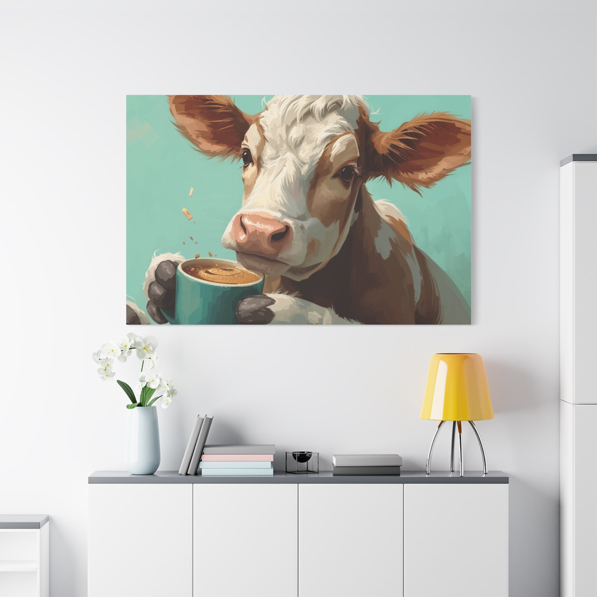 Cow Holding Coffee Canvas