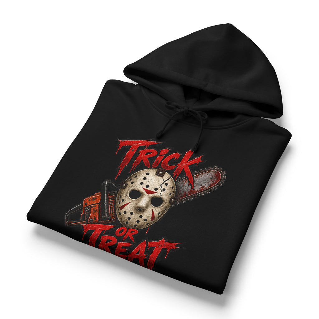 Trick or Treat Horror Hoodie — Jason Mask & Chainsaw Halloween Sweatshirt
