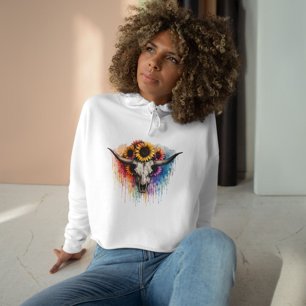 Sunflower Cow Skull Crop Hoodie — Boho Western Art Pullover