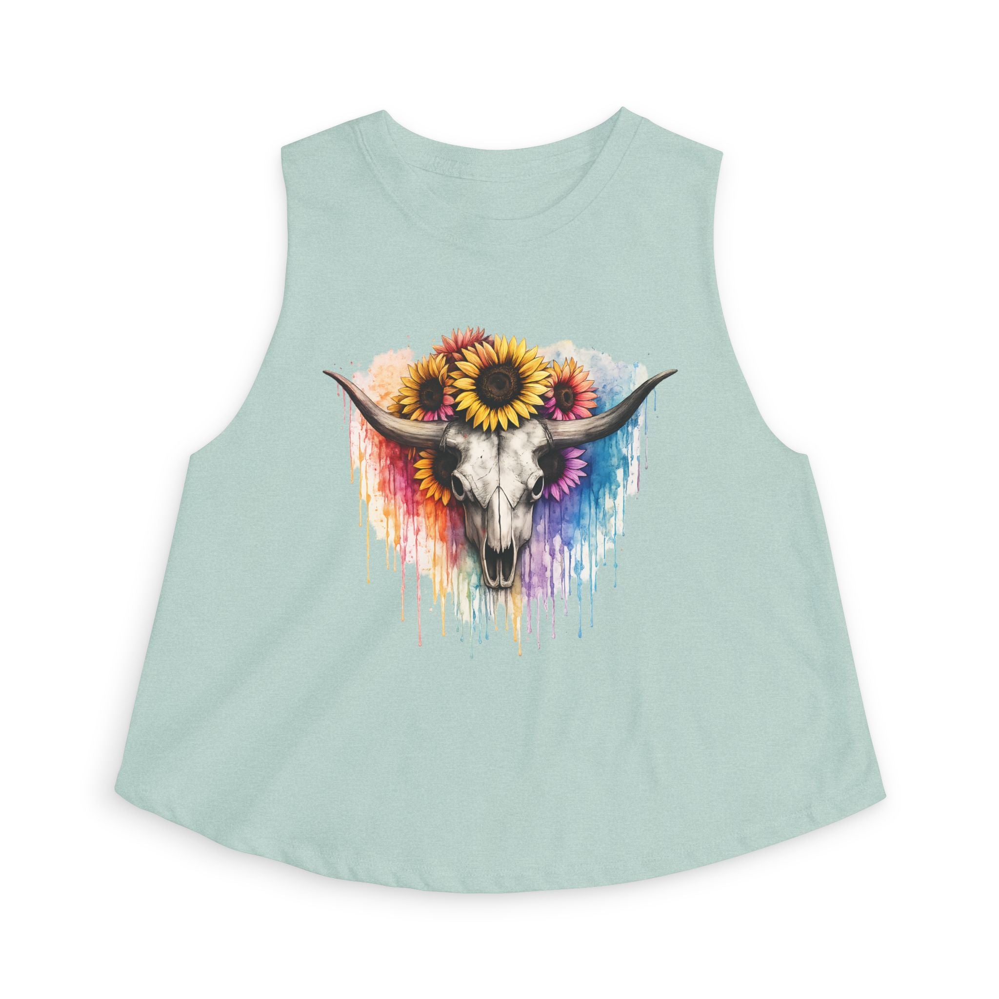 Sunflower Longhorn Skull Crop Top | Colorful Drip Boho Southwestern