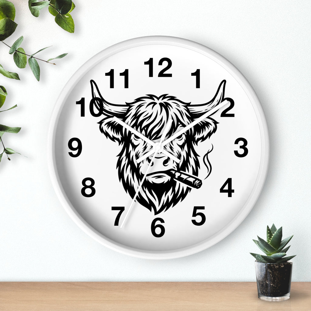 Highland Cow Smoking Cigar Wall Clock | Bull Head Illustration, Rustic Farmhouse Decor