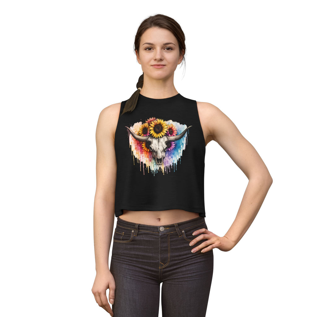 Sunflower Longhorn Skull Crop Top | Colorful Drip Boho Southwestern