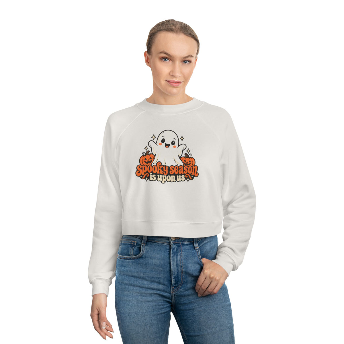 Cropped Pullover — "Spooky Season Is Upon Us" Ghost & Pumpkins Halloween Sweatshirt