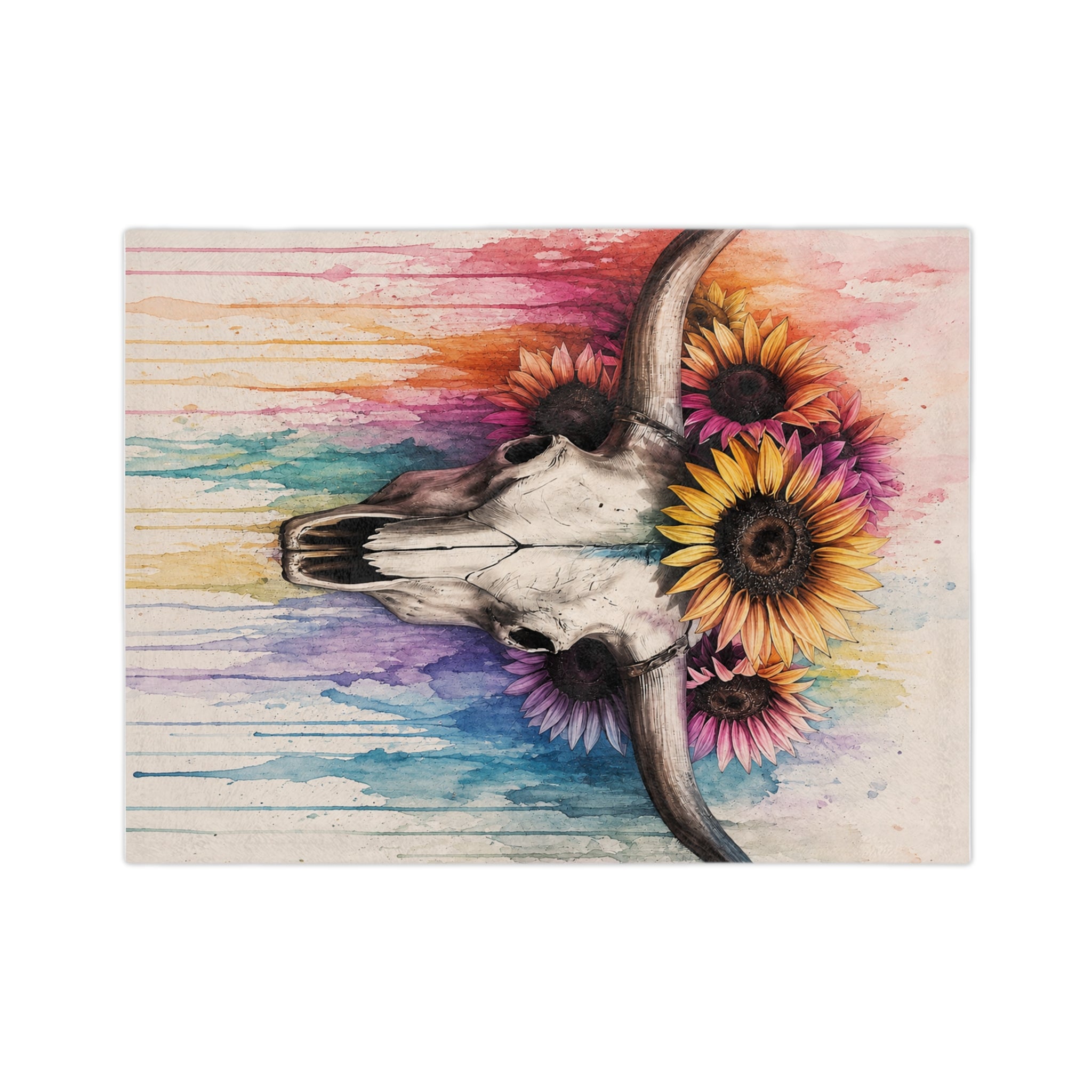 Watercolor Bull Skull with Sunflowers Blanket | Colorful Drip Art Throw