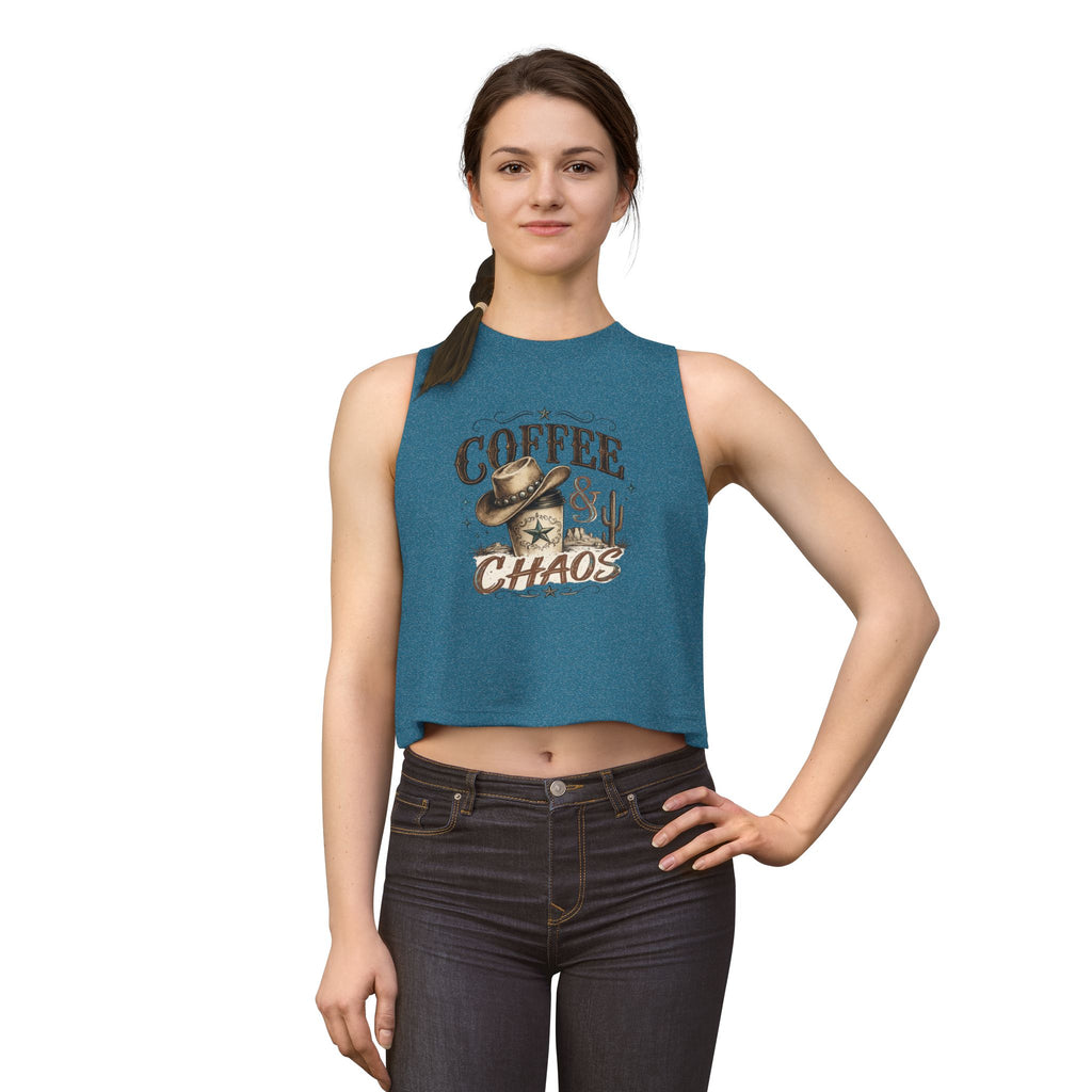 Coffee & Chaos Crop Top — Western Cowboy Graphic Women's Tank