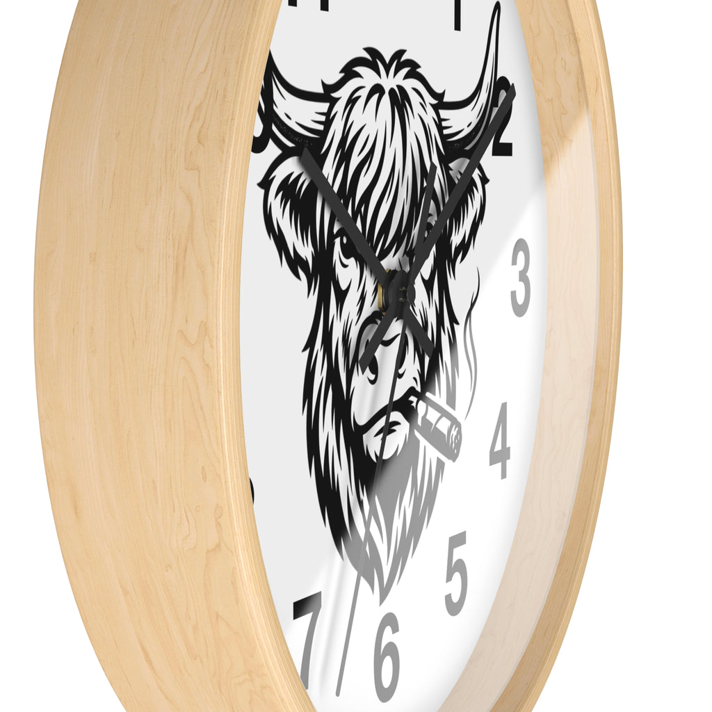 Highland Cow Smoking Cigar Wall Clock | Bull Head Illustration, Rustic Farmhouse Decor