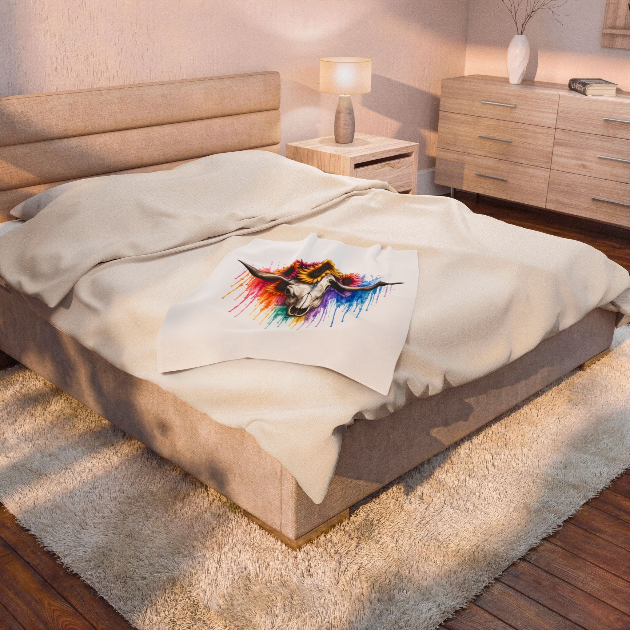 Sunflower Bull Skull Velveteen Blanket | Colorful Drip Watercolor Skull