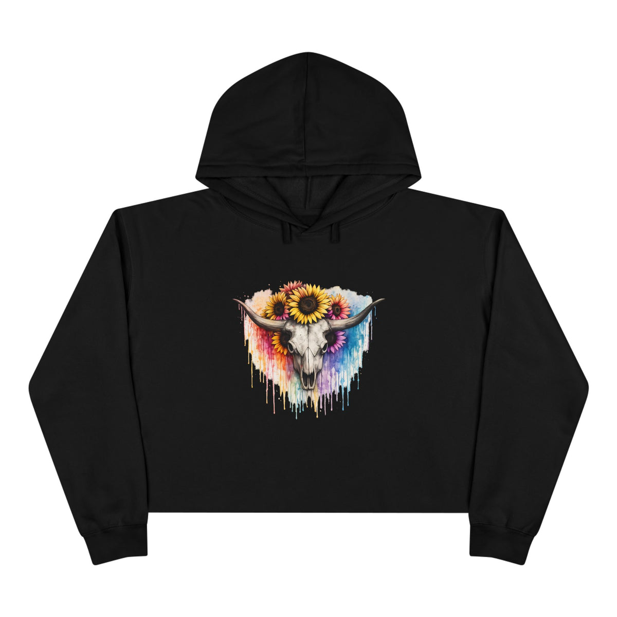 Sunflower Cow Skull Crop Hoodie — Boho Western Art Pullover