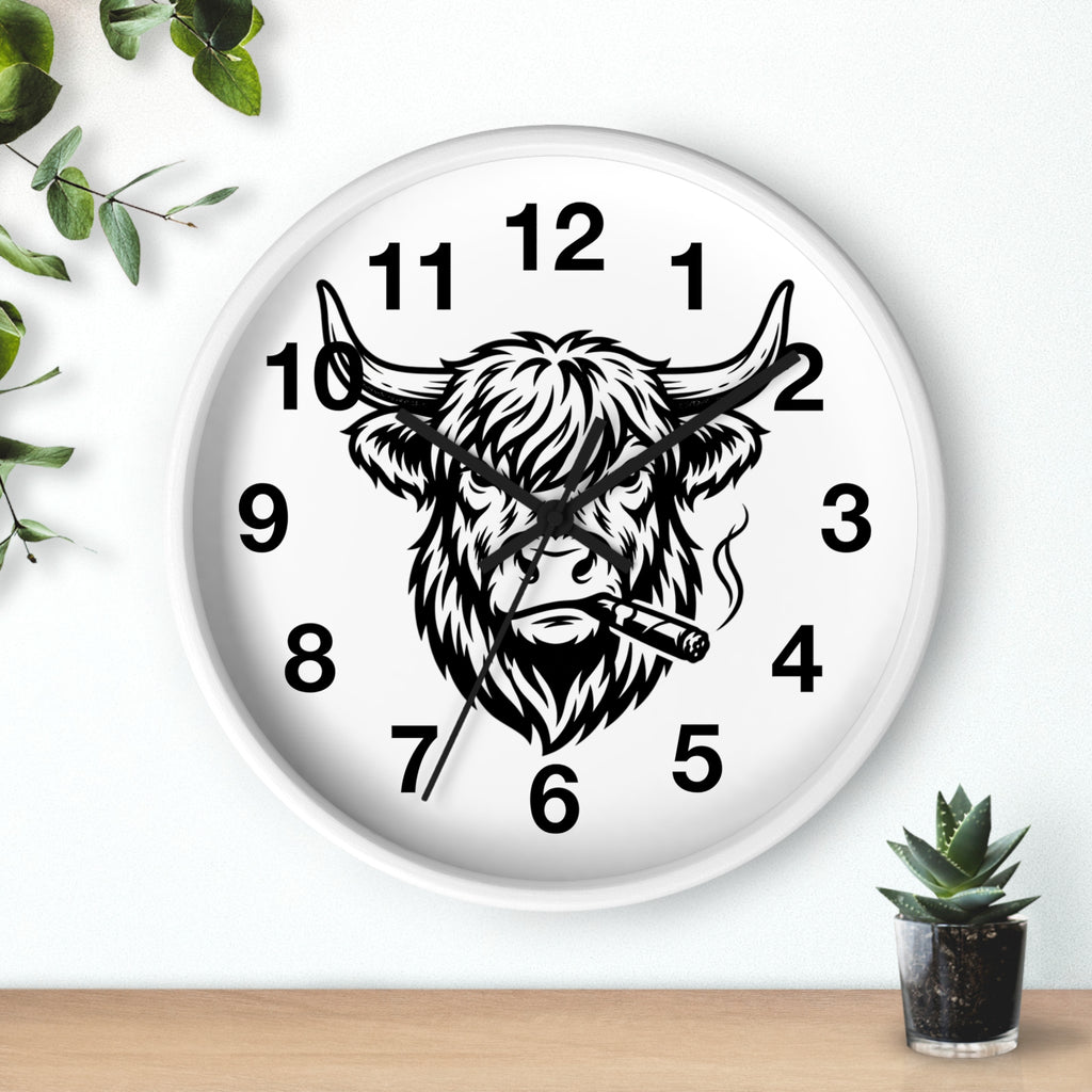 Highland Cow Smoking Cigar Wall Clock | Bull Head Illustration, Rustic Farmhouse Decor