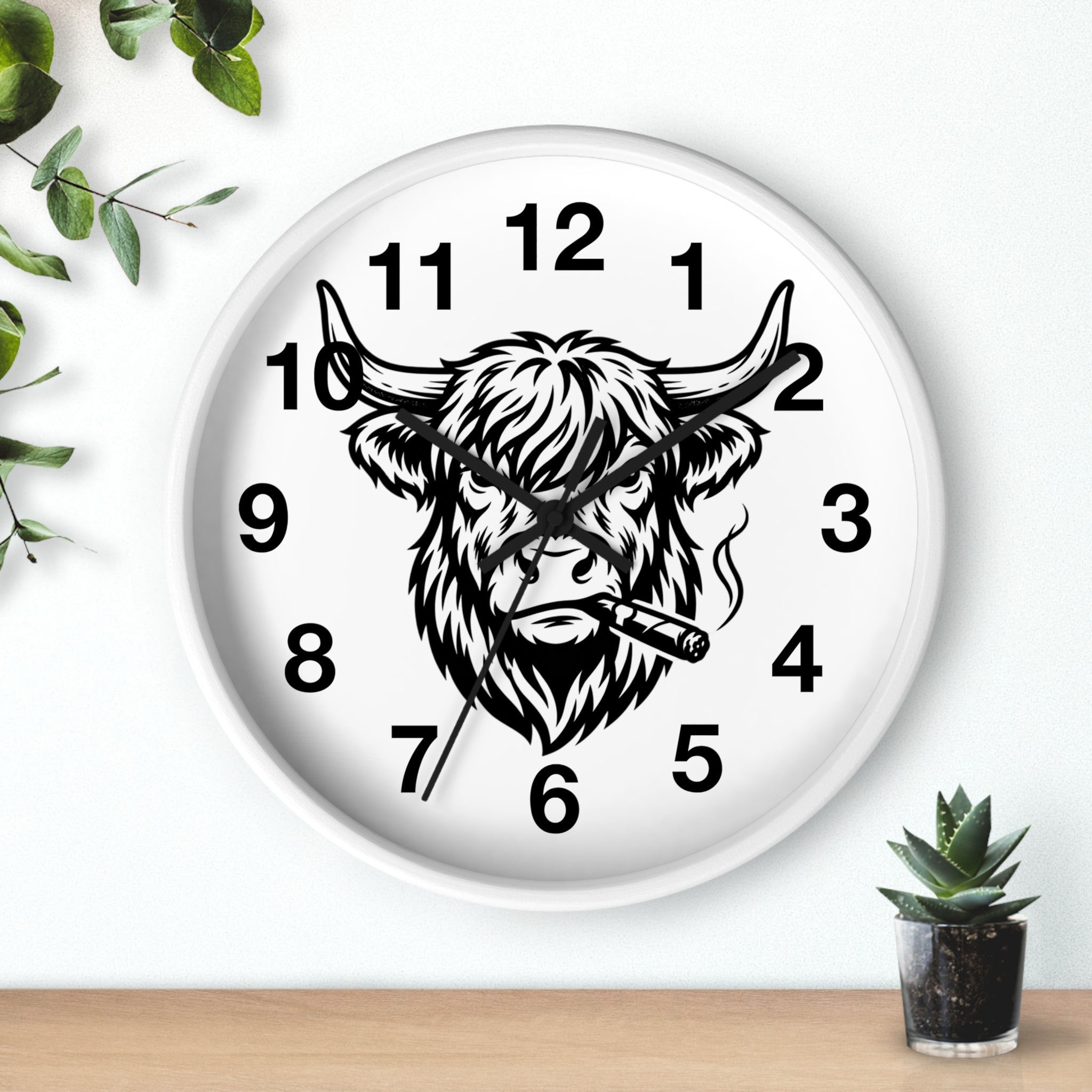 Highland Cow Smoking Cigar Wall Clock | Bull Head Illustration, Rustic Farmhouse Decor
