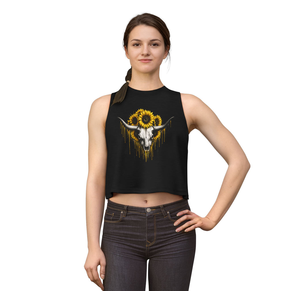 Sunflower Longhorn Skull Women's Crop Top | Southwestern Floral Skull