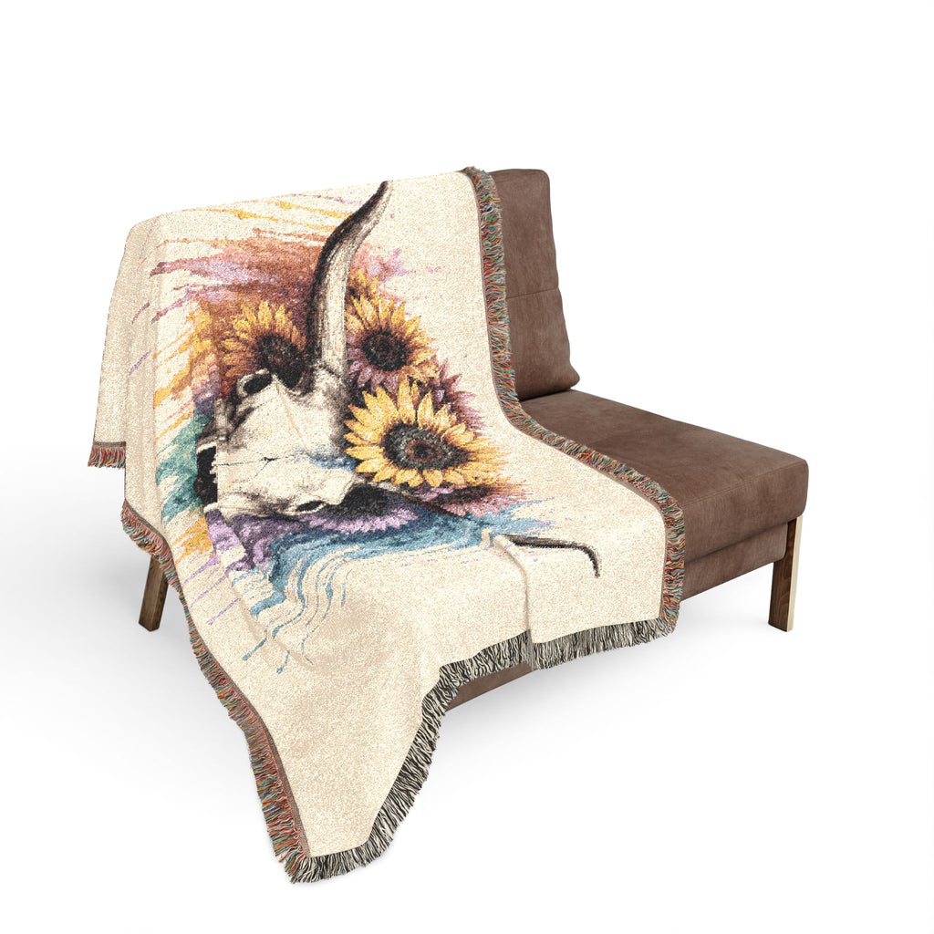 Sunflower Cow Skull Woven Blanket | Southwestern Skull Tapestry Throw