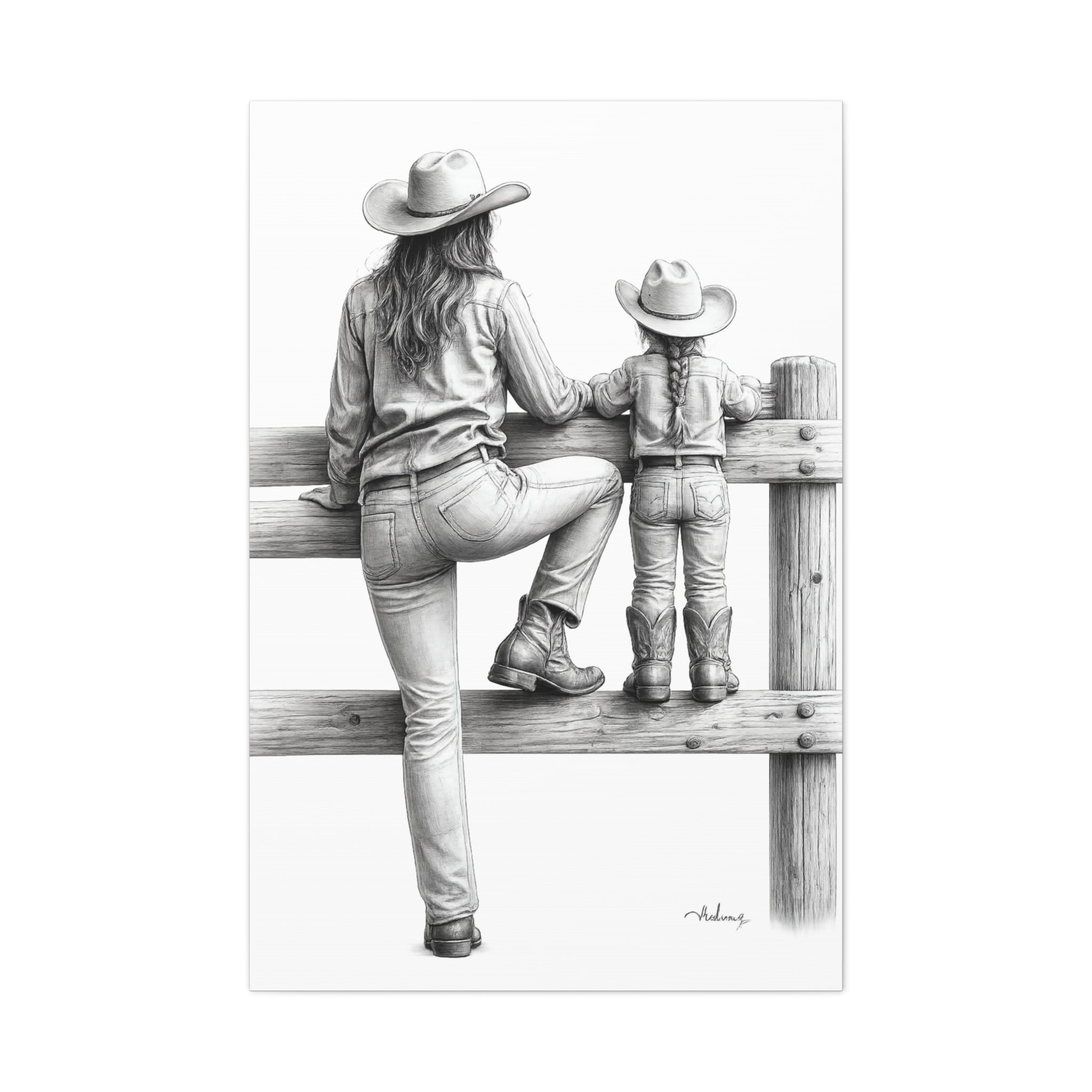 Cowgirl and Child Sketch Canvas