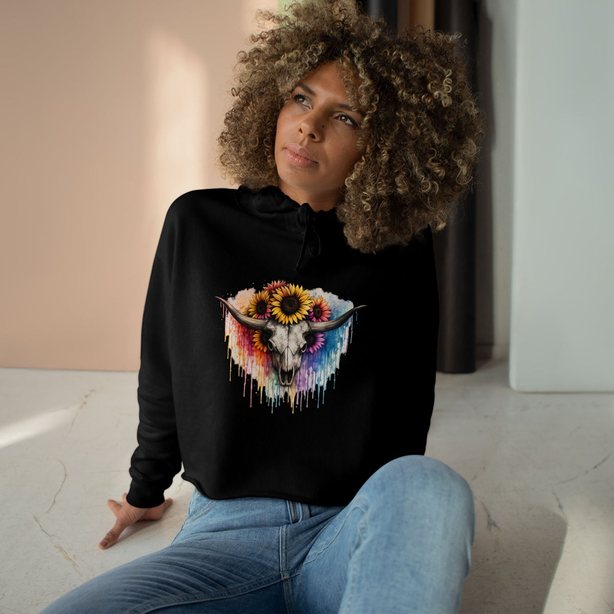 Sunflower Cow Skull Crop Hoodie — Boho Western Art Pullover