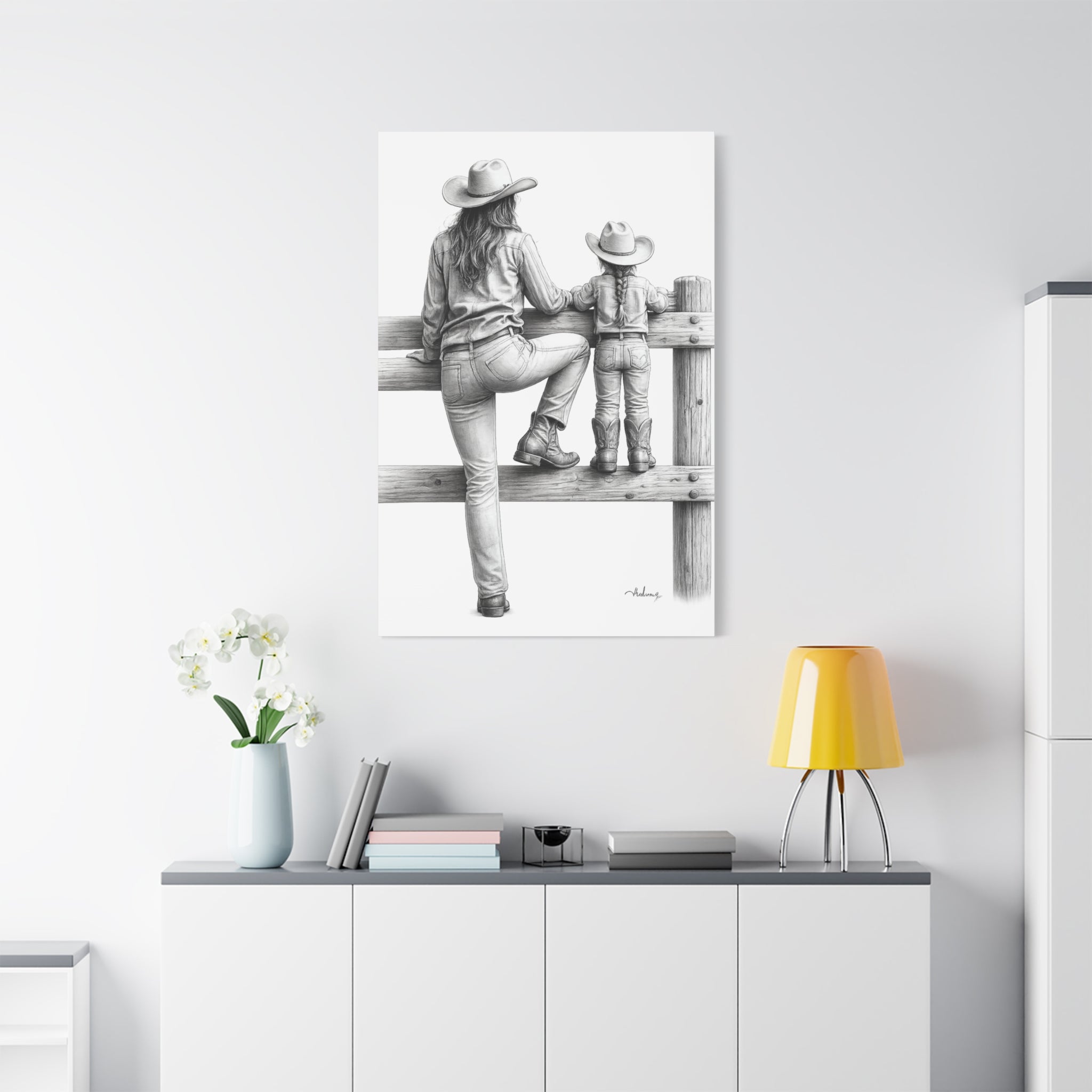 Cowgirl and Child Sketch Canvas