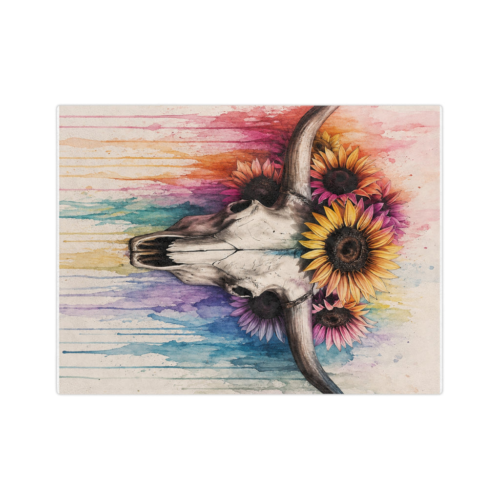 Watercolor Bull Skull with Sunflowers Blanket | Colorful Drip Art Throw