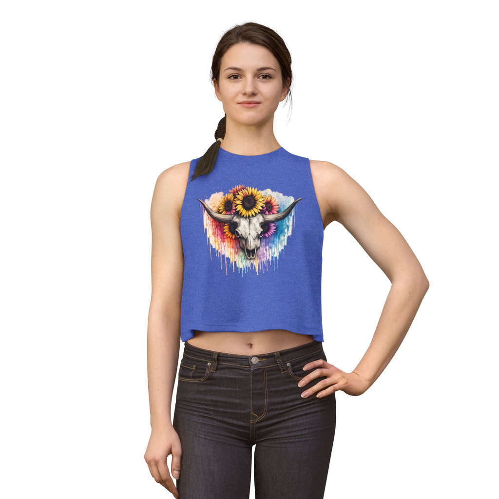 Sunflower Longhorn Skull Crop Top | Colorful Drip Boho Southwestern
