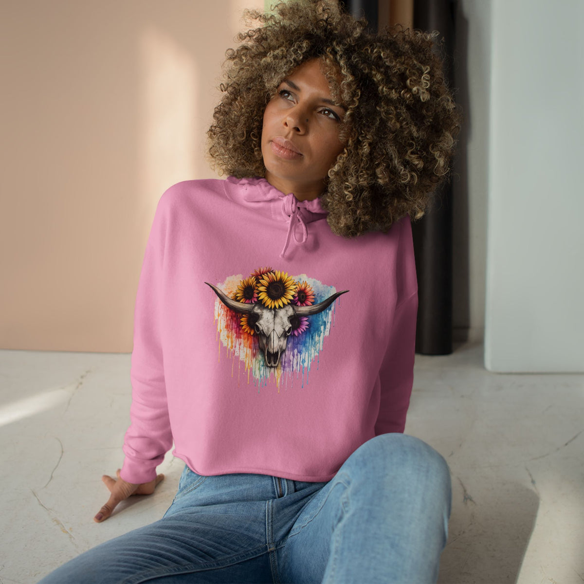 Sunflower Cow Skull Crop Hoodie — Boho Western Art Pullover