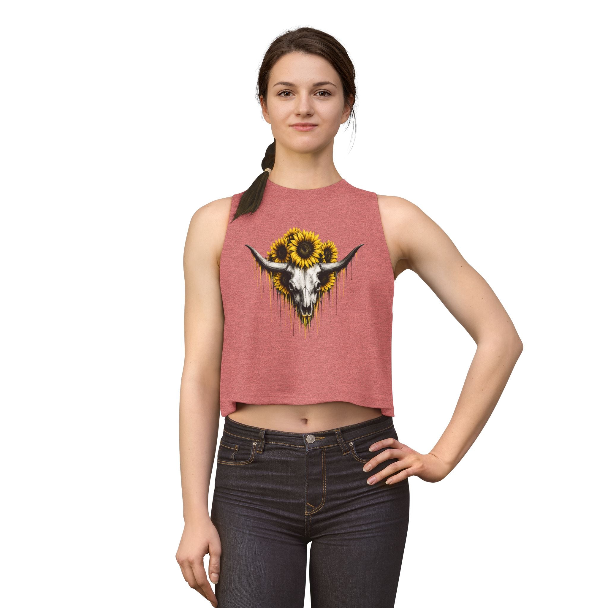 Sunflower Longhorn Skull Women's Crop Top | Southwestern Floral Skull