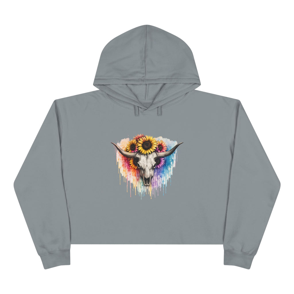 Sunflower Cow Skull Crop Hoodie — Boho Western Art Pullover