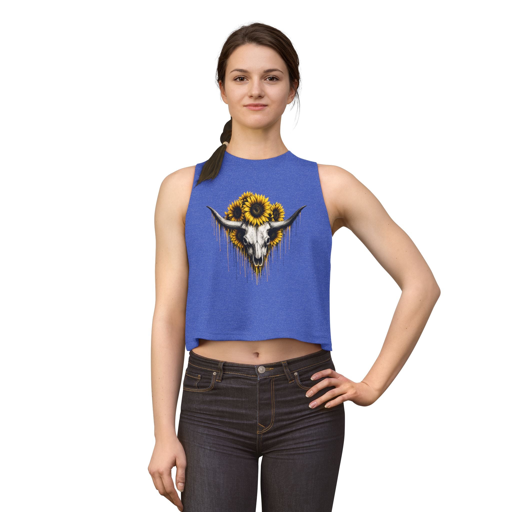 Sunflower Longhorn Skull Women's Crop Top | Southwestern Floral Skull