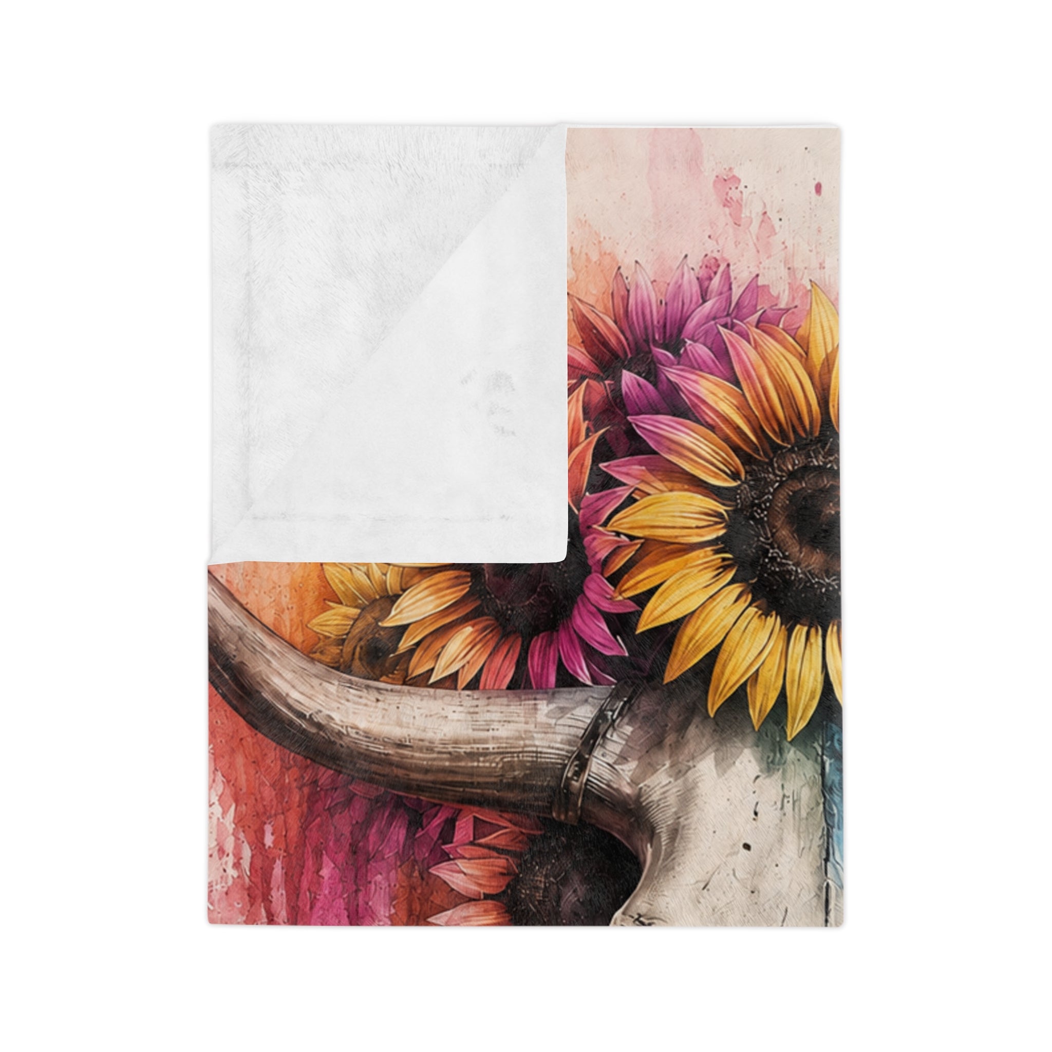 Watercolor Bull Skull with Sunflowers Blanket | Colorful Drip Art Throw