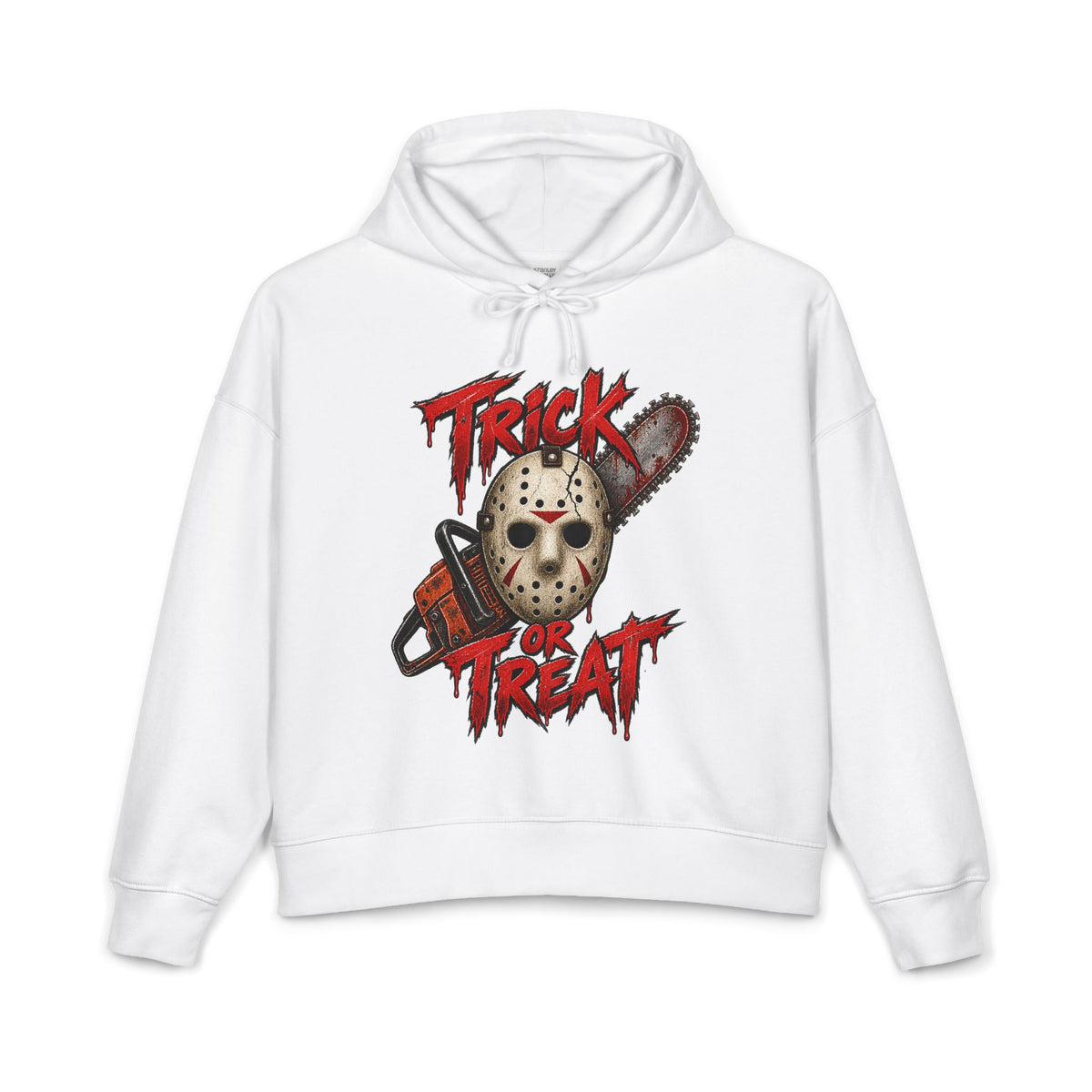 Trick or Treat Horror Hoodie — Jason Mask & Chainsaw Halloween Sweatshirt