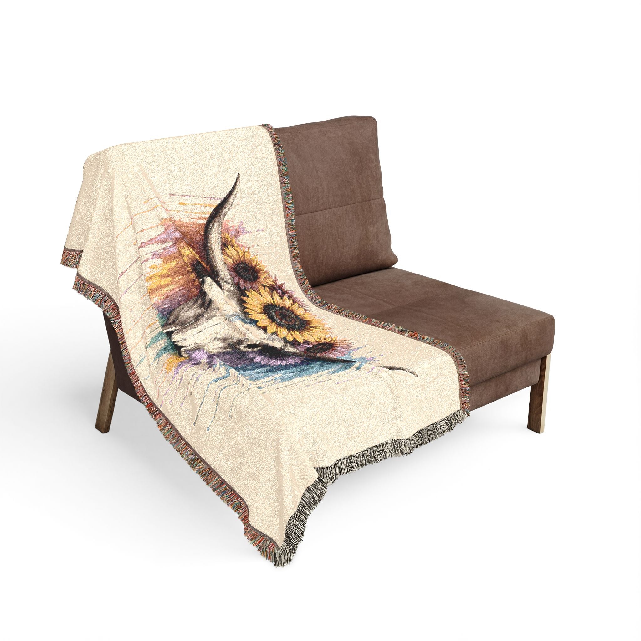 Sunflower Cow Skull Woven Blanket | Southwestern Skull Tapestry Throw