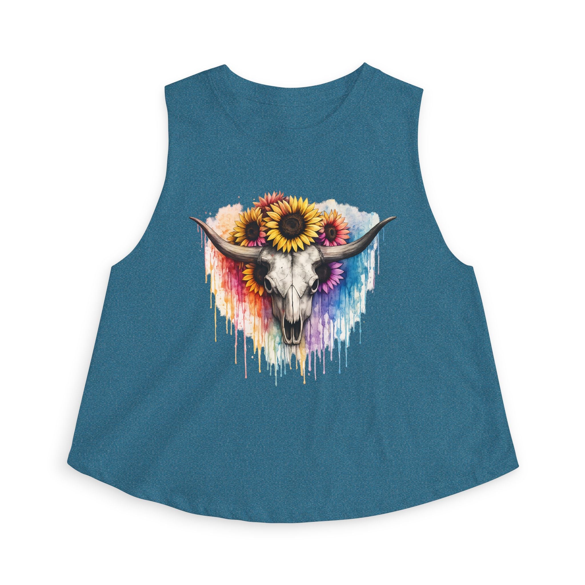 Sunflower Longhorn Skull Crop Top | Colorful Drip Boho Southwestern