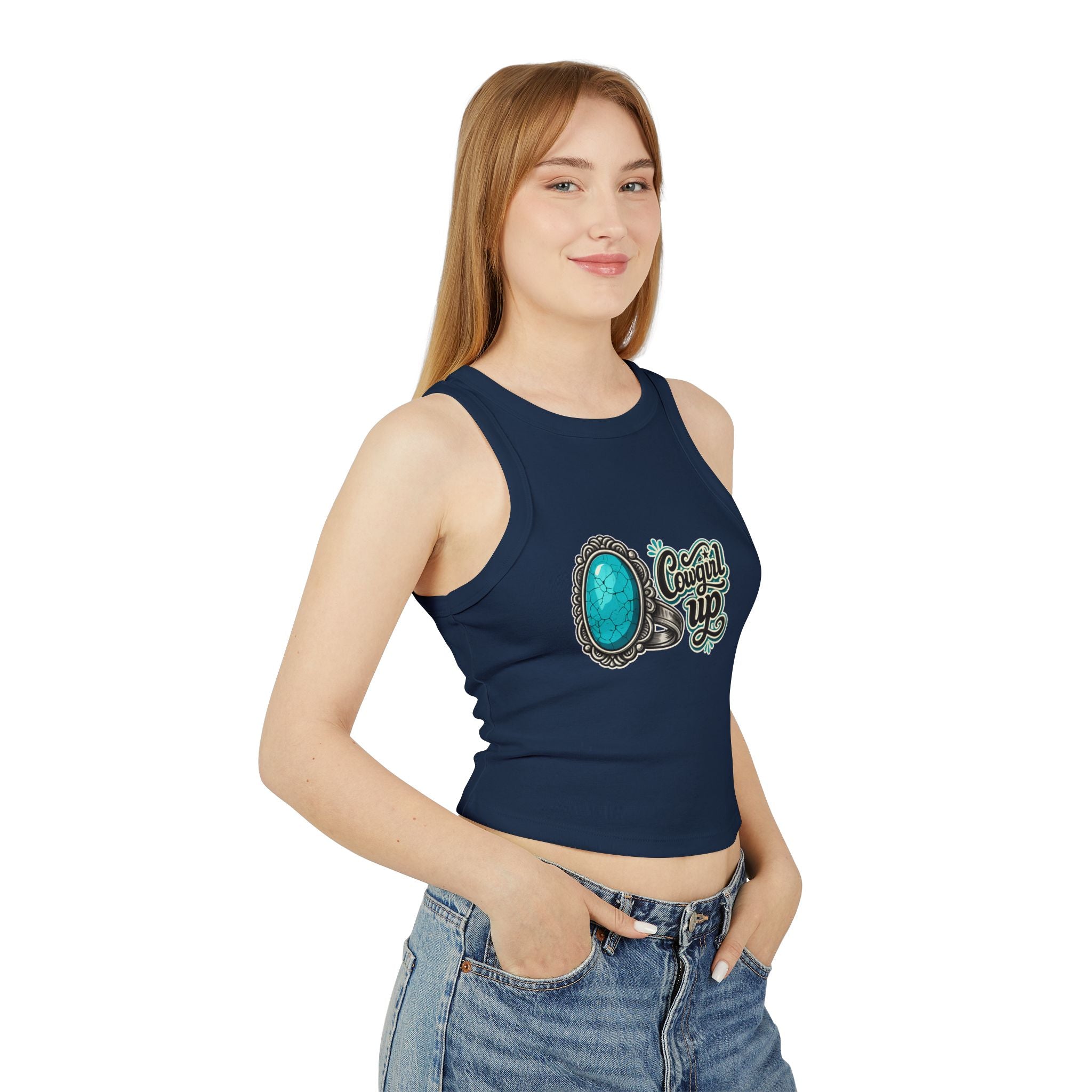 Cowgirl Up Turquoise Ring Buckle Racer Tank Top | Western Cowgirl Graphic
