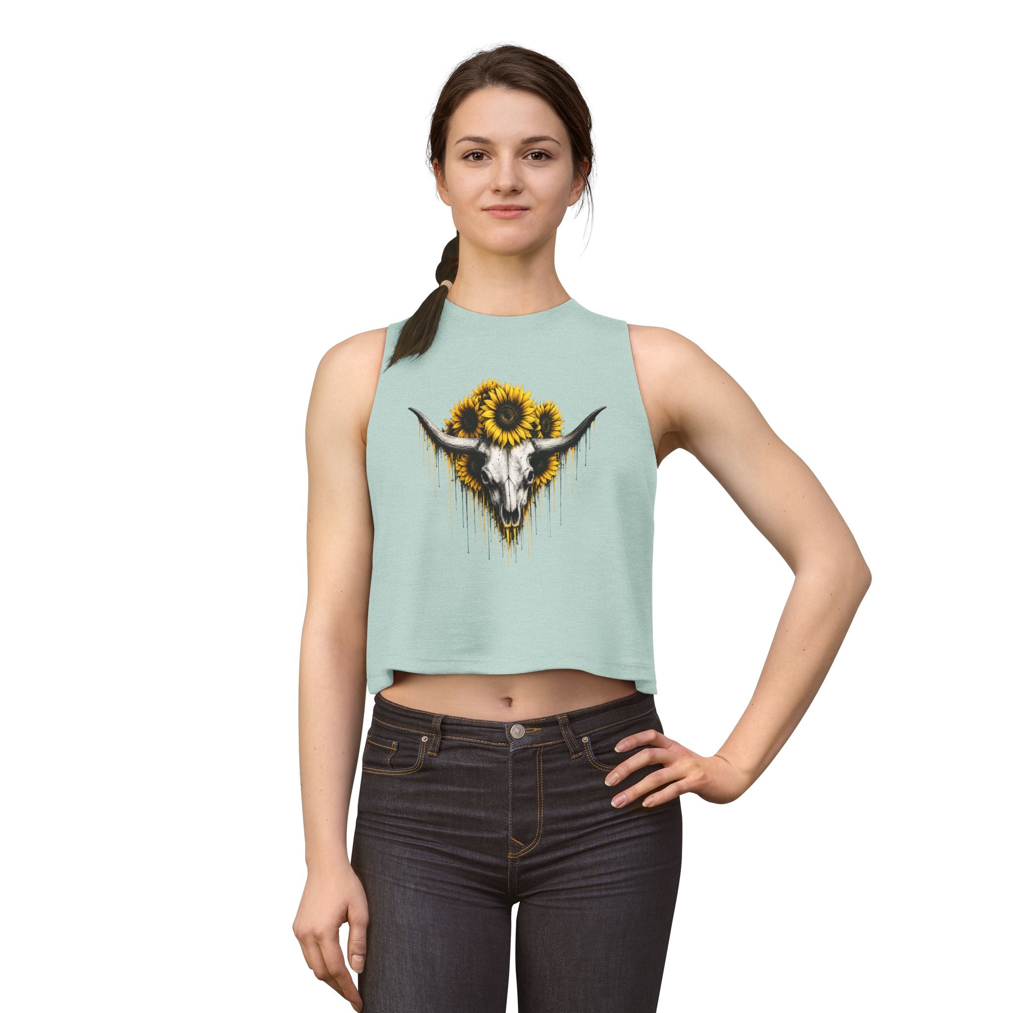 Sunflower Longhorn Skull Women's Crop Top | Southwestern Floral Skull
