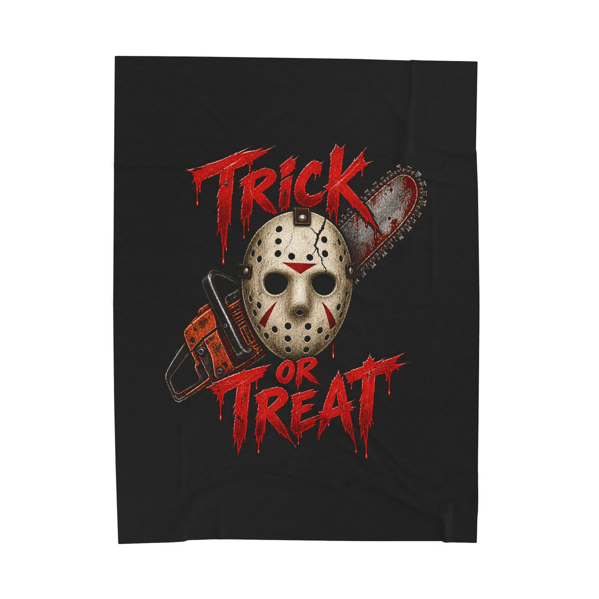 Horror 'Trick or Treat' Plush Blanket — Jason Mask & Chainsaw Halloween Throw