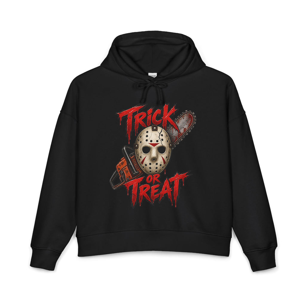 Trick or Treat Horror Hoodie — Jason Mask & Chainsaw Halloween Sweatshirt