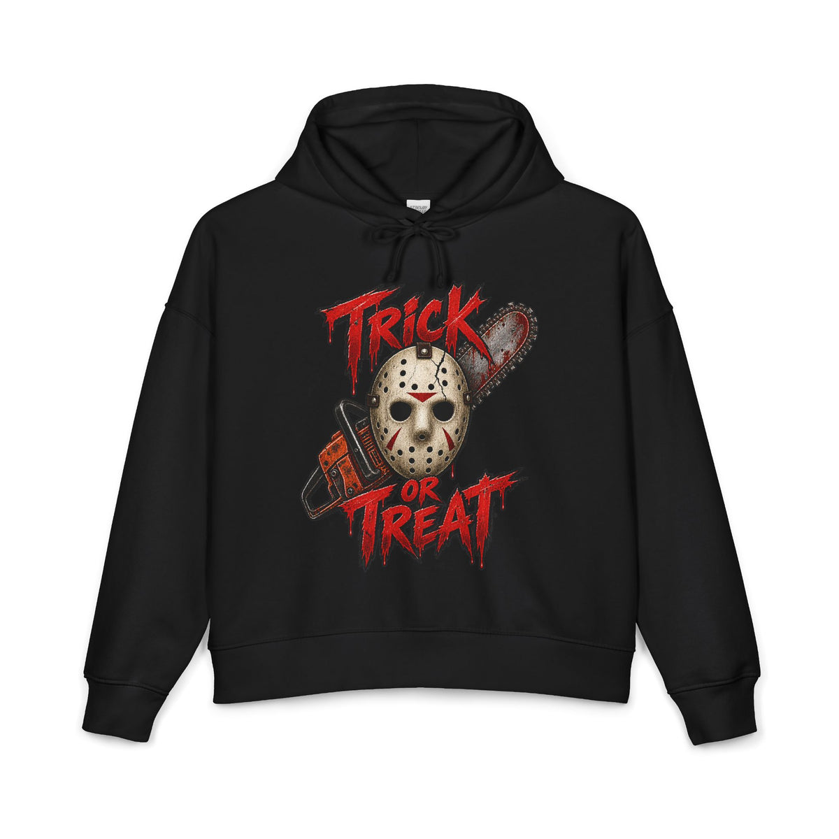 Trick or Treat Horror Hoodie — Jason Mask & Chainsaw Halloween Sweatshirt
