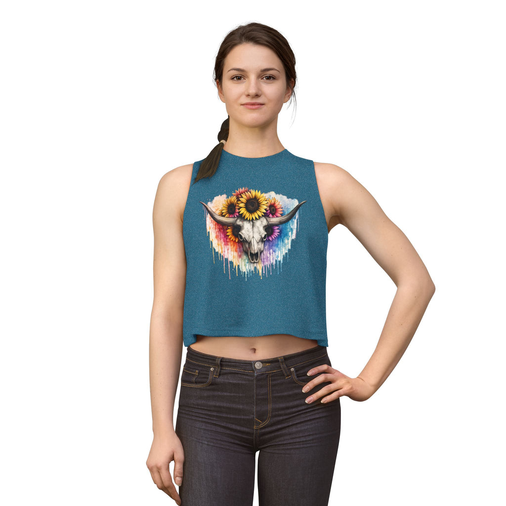 Sunflower Longhorn Skull Crop Top | Colorful Drip Boho Southwestern