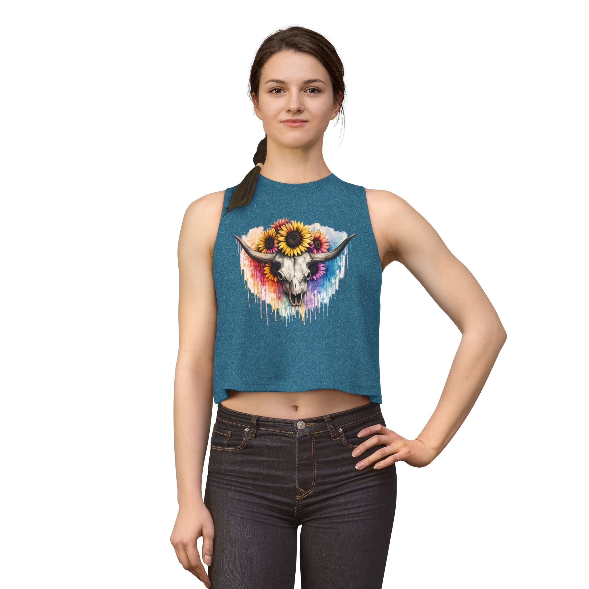 Sunflower Longhorn Skull Crop Top | Colorful Drip Boho Southwestern