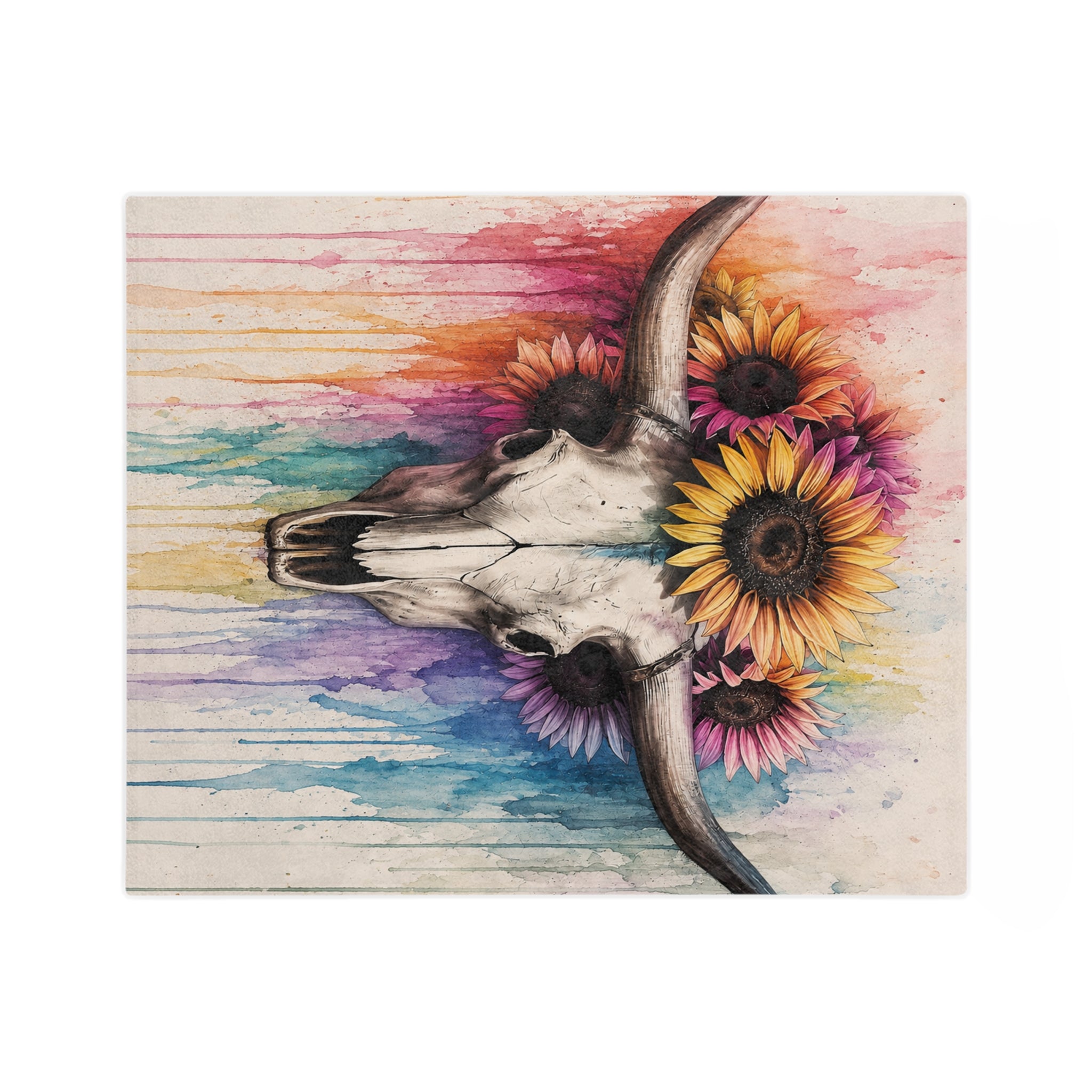 Watercolor Bull Skull with Sunflowers Blanket | Colorful Drip Art Throw