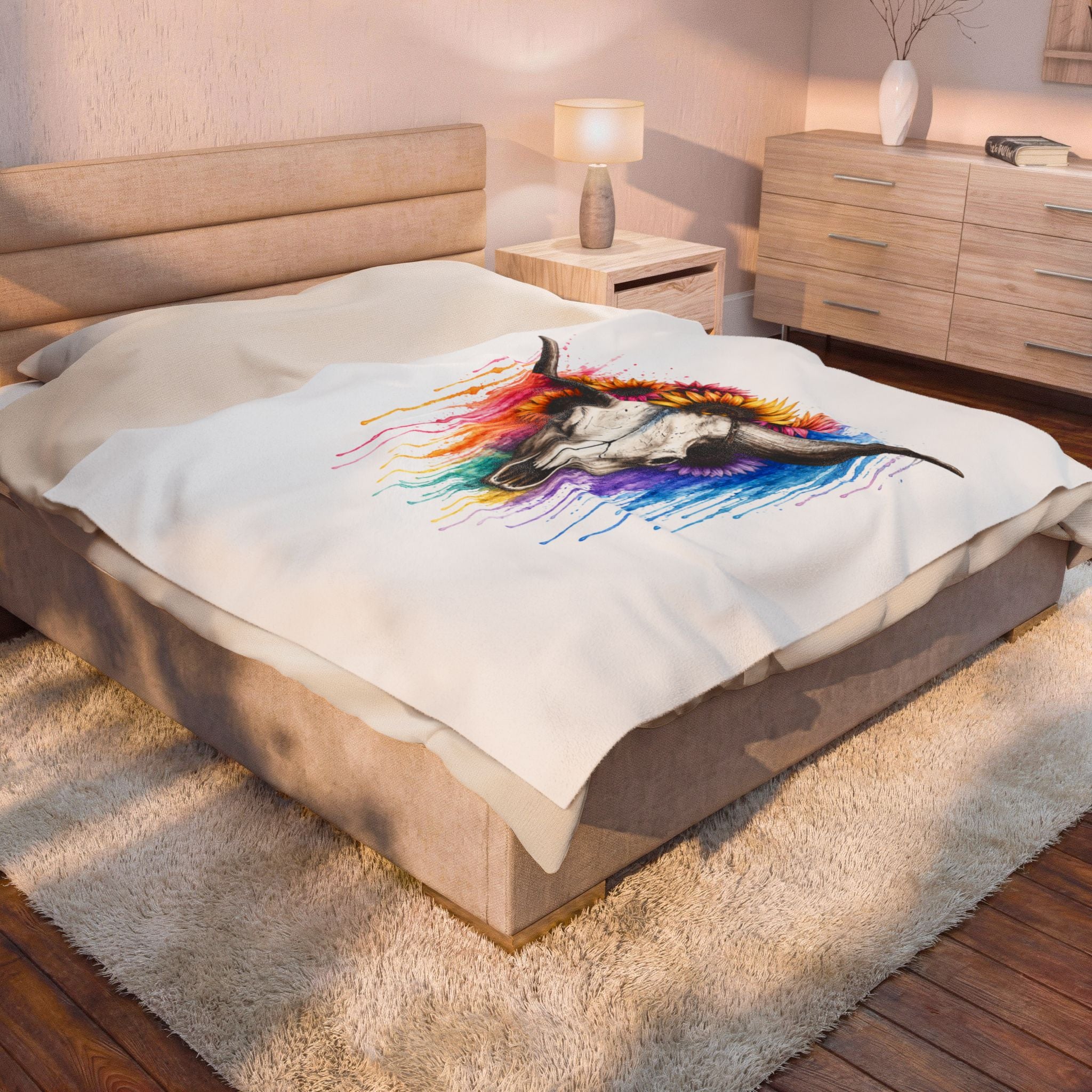 Sunflower Bull Skull Velveteen Blanket | Colorful Drip Watercolor Skull