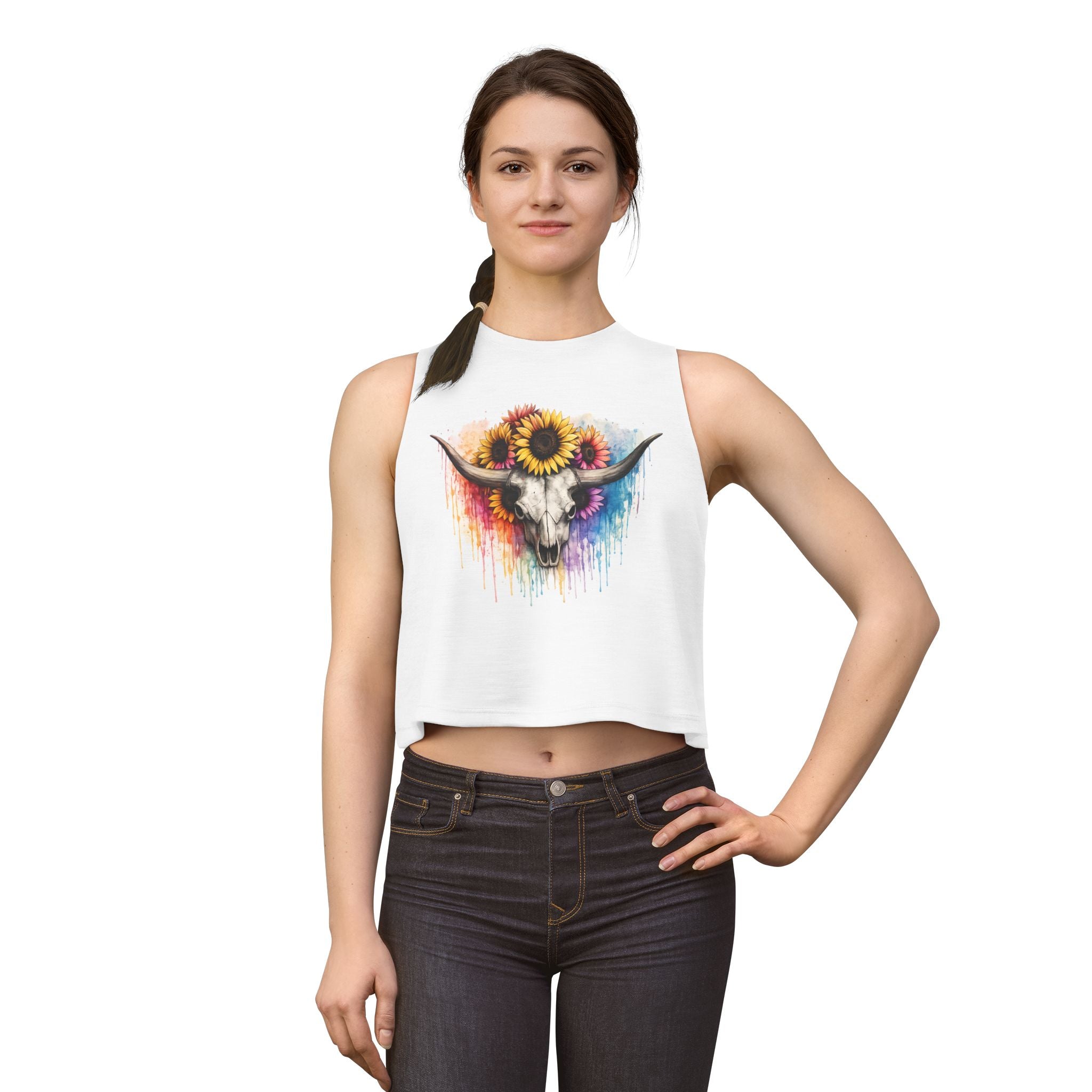 Sunflower Longhorn Skull Crop Top | Colorful Drip Boho Southwestern